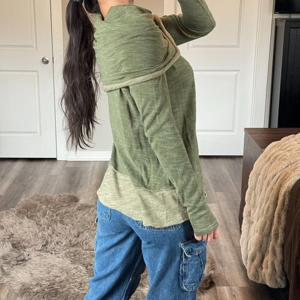 Free People Beach Cocoon Cowl Pullover Green Long Sleeve Top Slouchy Boho OS
